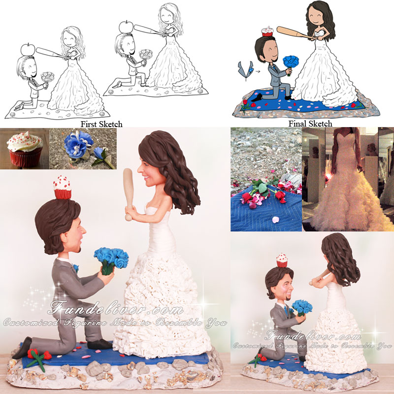 The Bride Hitting a Cupcake Off The Grooms Head Wedding Cake Topper